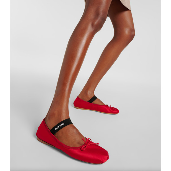 Miu Miu Satin Rosso Red Black White Logo Strap Bow Ballet Ballerina Flats 39 - Picture 3 of 16
